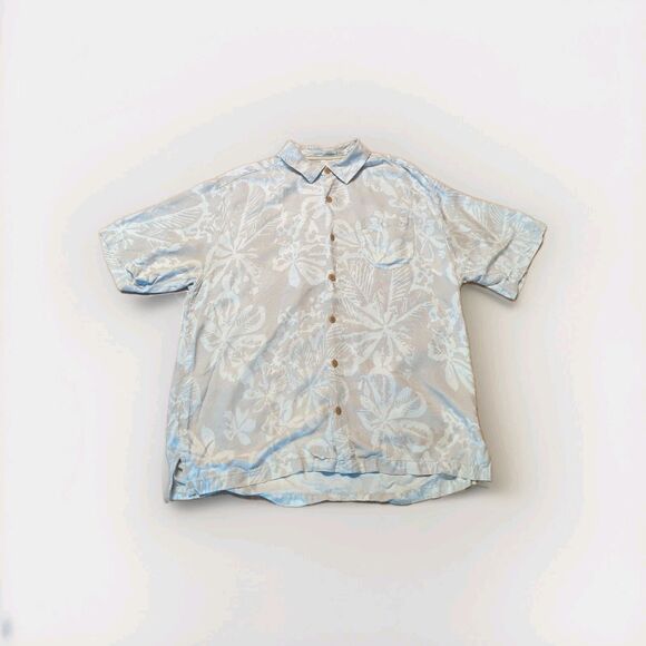 Tommy Bahama Shirt Mens Large Beige Silk Floral Camp Hawaiian Beach Button Up - Picture 1 of 9